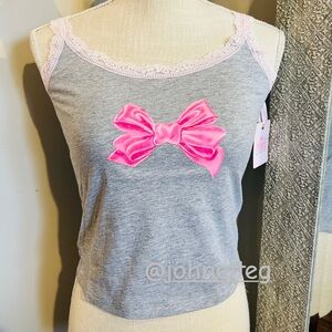 🎀VS PINK x LoveShackFancy Cotton Cami Grey Pink Bow Lace Trim Girly Feminine